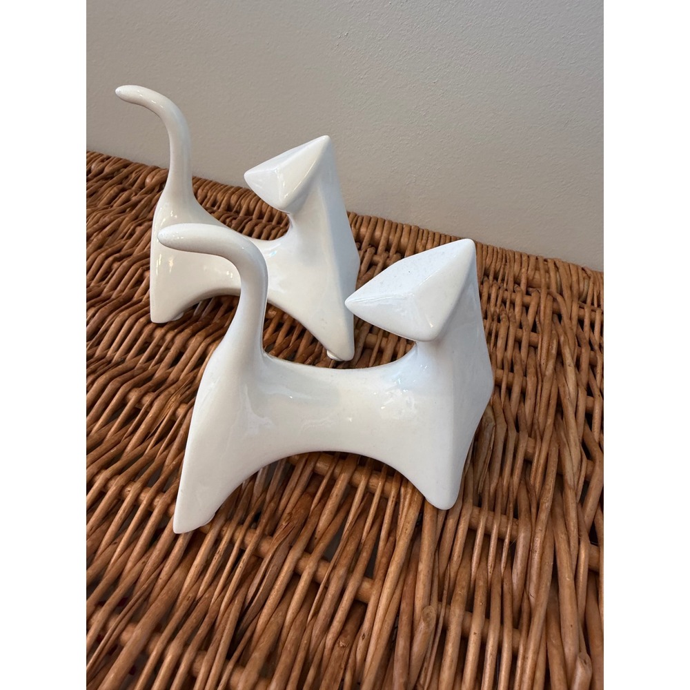 Cat Lady White Ceramic Abstract Mid Century Modern Cat Figurines Set of 2